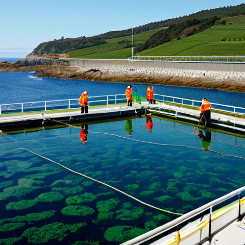 Sustainable Aquaculture Farm in Galicia**
A view of a modern, sustainable aquaculture farm on the Galician coast. Focus on pristine water, healthy-looking fish in large, clean tanks, and lush green algae cultivation areas. Workers are fully clothed in professional attire, tending to the farm with care. The background features the rugged Galician coastline and clear blue skies. Capture the sense of responsible food production. Safe for work, appropriate content, fully clothed, professional, modest, family-friendly, perfect anatomy, correct proportions, natural pose, well-formed hands, proper finger count, natural body proportions.
**
