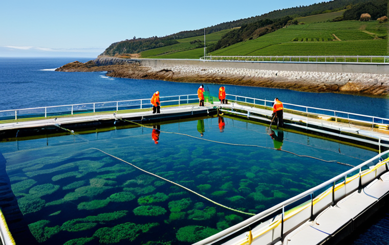 Sustainable Aquaculture Farm in Galicia**
A view of a modern, sustainable aquaculture farm on the Galician coast. Focus on pristine water, healthy-looking fish in large, clean tanks, and lush green algae cultivation areas. Workers are fully clothed in professional attire, tending to the farm with care. The background features the rugged Galician coastline and clear blue skies. Capture the sense of responsible food production. Safe for work, appropriate content, fully clothed, professional, modest, family-friendly, perfect anatomy, correct proportions, natural pose, well-formed hands, proper finger count, natural body proportions.
**