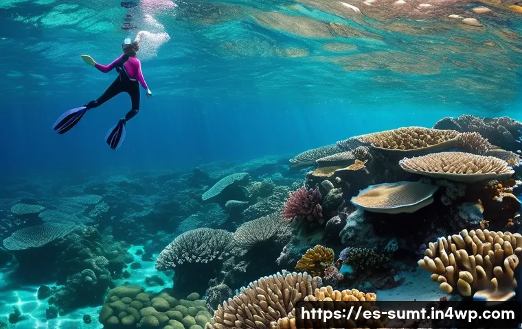 해양 자원 활용의 윤리적 문제 - **Prompt:** A sunlit coral reef teeming with life. Colorful fish dart around healthy corals. A young...