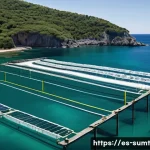 Home 22 지속 가능한 해양 자원 활용을 위한 비즈니스 전략 - **Prompt:** "A serene and futuristic Integrated Multi-Trophic Aquaculture (IMTA) farm nestled in a c...