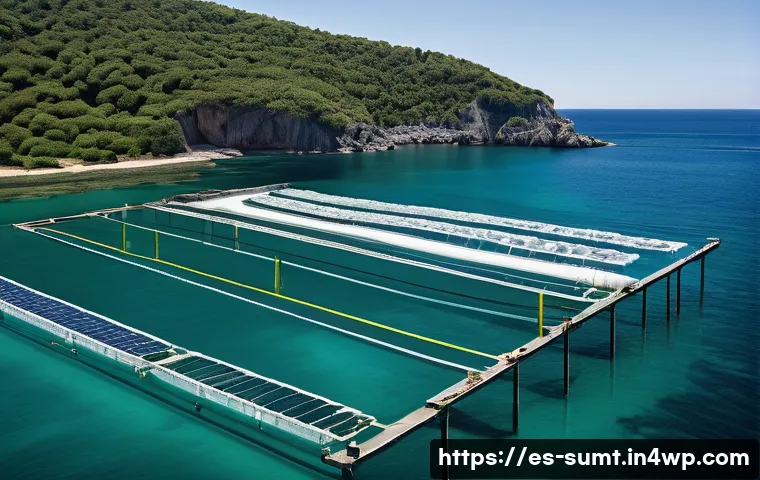 지속 가능한 해양 자원 활용을 위한 비즈니스 전략 - **Prompt:** "A serene and futuristic Integrated Multi-Trophic Aquaculture (IMTA) farm nestled in a c...