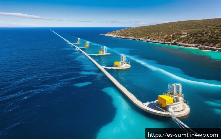 지속 가능한 해양 에너지 개발의 장점 - A futuristic offshore wave and tidal hybrid energy power station off the coast of Spain, featuring f...