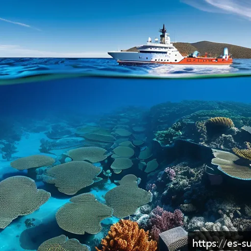 지속 가능한 해양 자원 활용을 위한 글로벌 사례 연구 - A vibrant underwater scene off the coast of Spain featuring advanced marine drones and submerged sen...