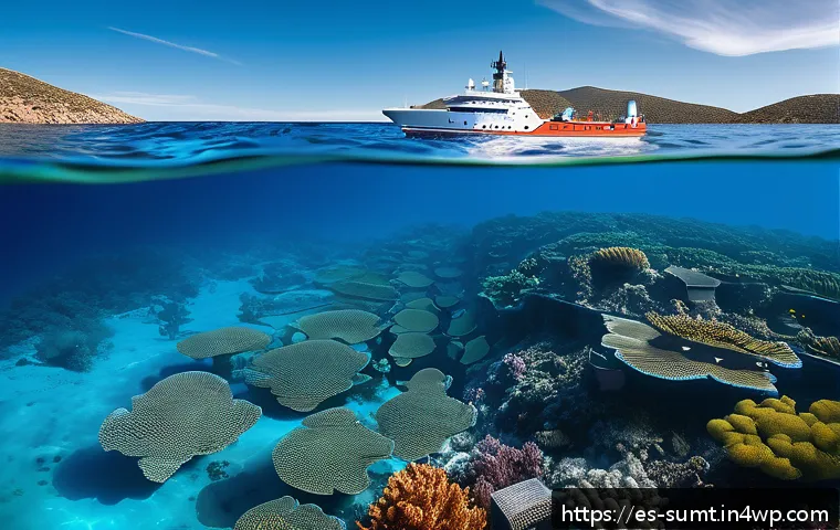 지속 가능한 해양 자원 활용을 위한 글로벌 사례 연구 - A vibrant underwater scene off the coast of Spain featuring advanced marine drones and submerged sen...