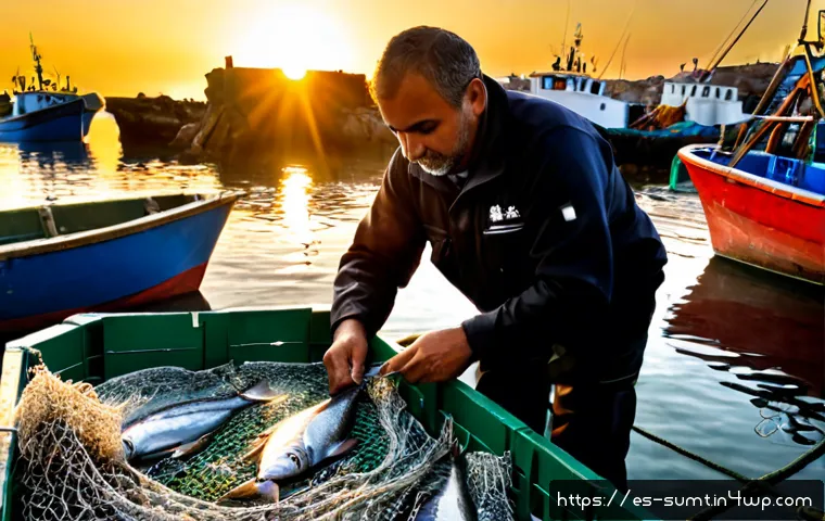 Home 17 지속 가능한 해양 자원 활용과 법적 제약 - Photorealistic early-morning scene at a Spanish Atlantic fishing harbor, a middle-aged local fisher ...